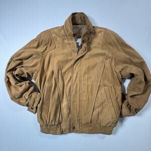 Vintage John Ashford Leather Bomber Jacket Tan Brown 80s 90s Zip Hood Medium